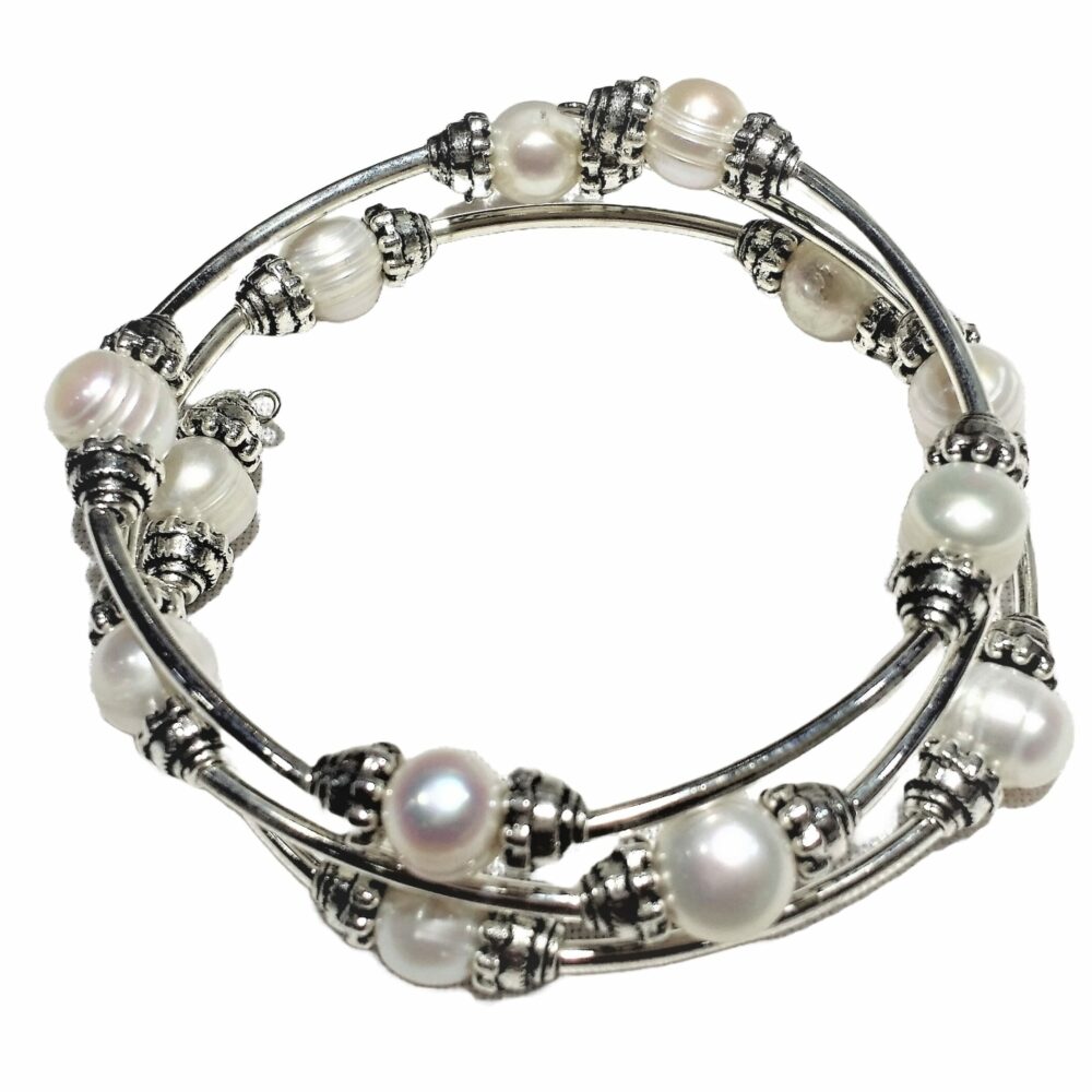 Triple Wrap Memory wire Pearl Bracelet - White (BA-906036)