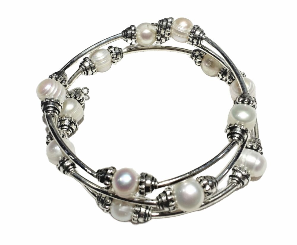 Triple Wrap Memory wire Pearl Bracelet - White (BA-906036)