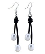 Leather Double Pearl Sterling Earrings (LE-903321)