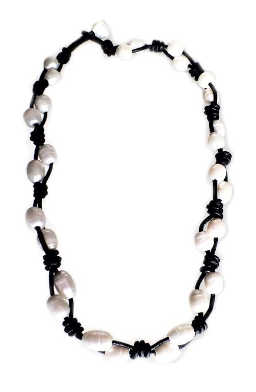 Braided Black Leather Pearl Necklace