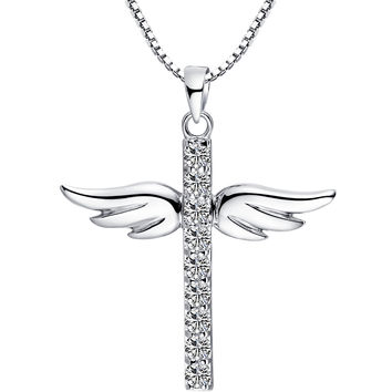 Angel Wing Cross Sterling Silver Necklace (SP-903318)